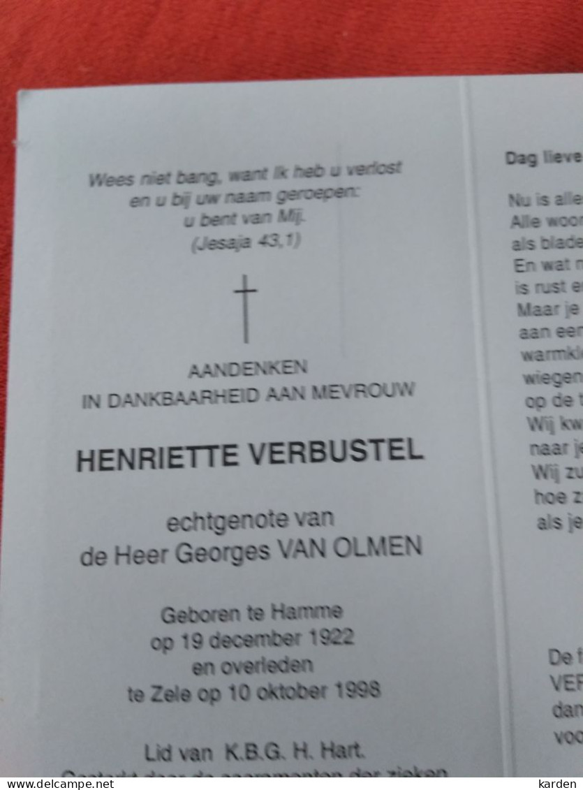 Doodsprentje Henriette Verbustel / Hamme 19/12/1922 Zele 10/10/1998 ( Georges Van Olmen ) - Religión & Esoterismo