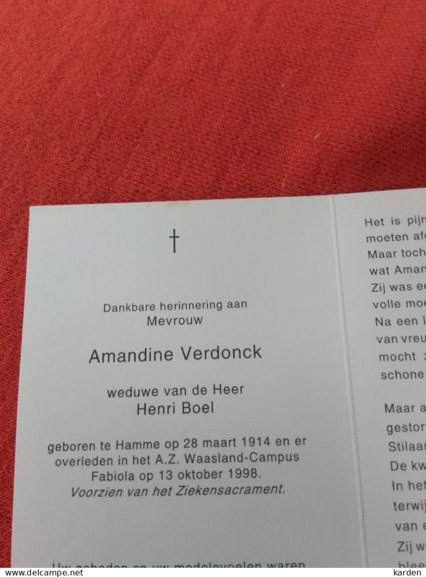 Doodsprentje Amandine Verdonck / Hamme 28/3/1914 - 13/10/1998 ( Henri Boel ) - Religión & Esoterismo