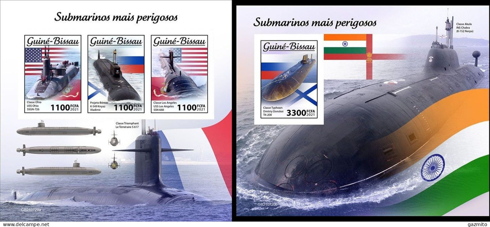 Guinea Bissau 2021, Submarines II, Flags, 3val In BF+BF IMPERFORATED - U-Boote