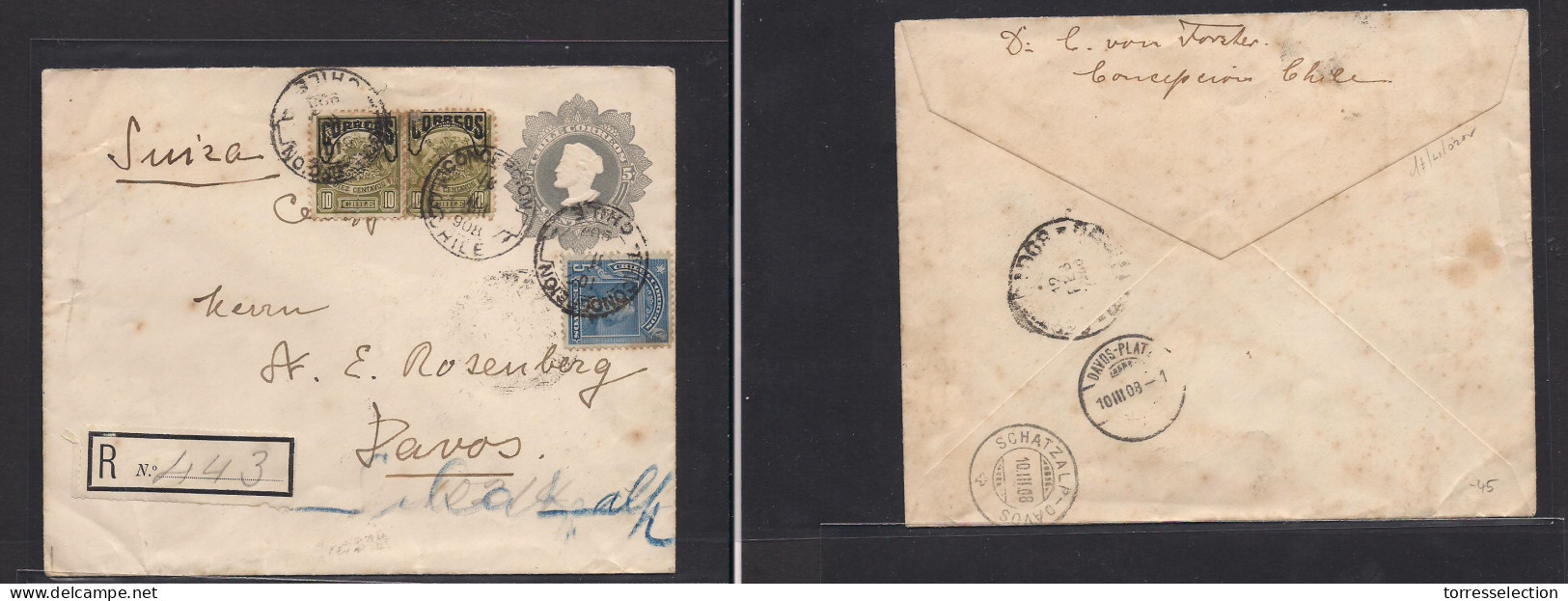 CHILE - Stationery. 1908 (10 Feb) Concepcion - Switzerland, Davos (10 March) Registered Colon 5c Grey Stat Env + 3 Adtls - Chile