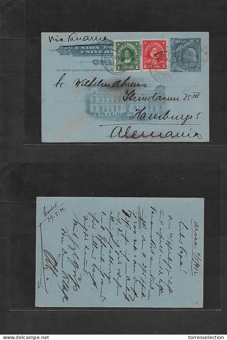 CHILE - Stationery. 1912 (4 May) Arica - Alemania, Hamburgo. 3c Grey / Bluish Stat Card + 2 Adtl. Via Panama. Fine. - Chile