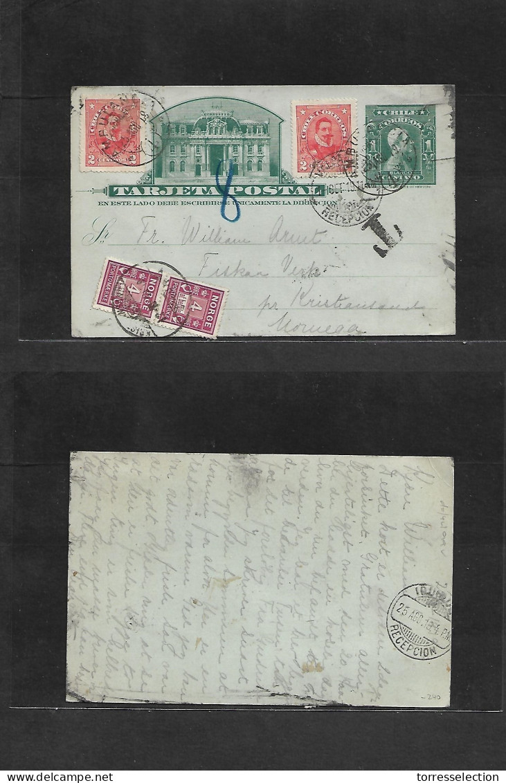 CHILE - Stationery. 1911 (16 Sept) Valparaiso - NORWAY, Kristiania (12 Oct) 1c Green Illustrated Local Stationary Card + - Chile
