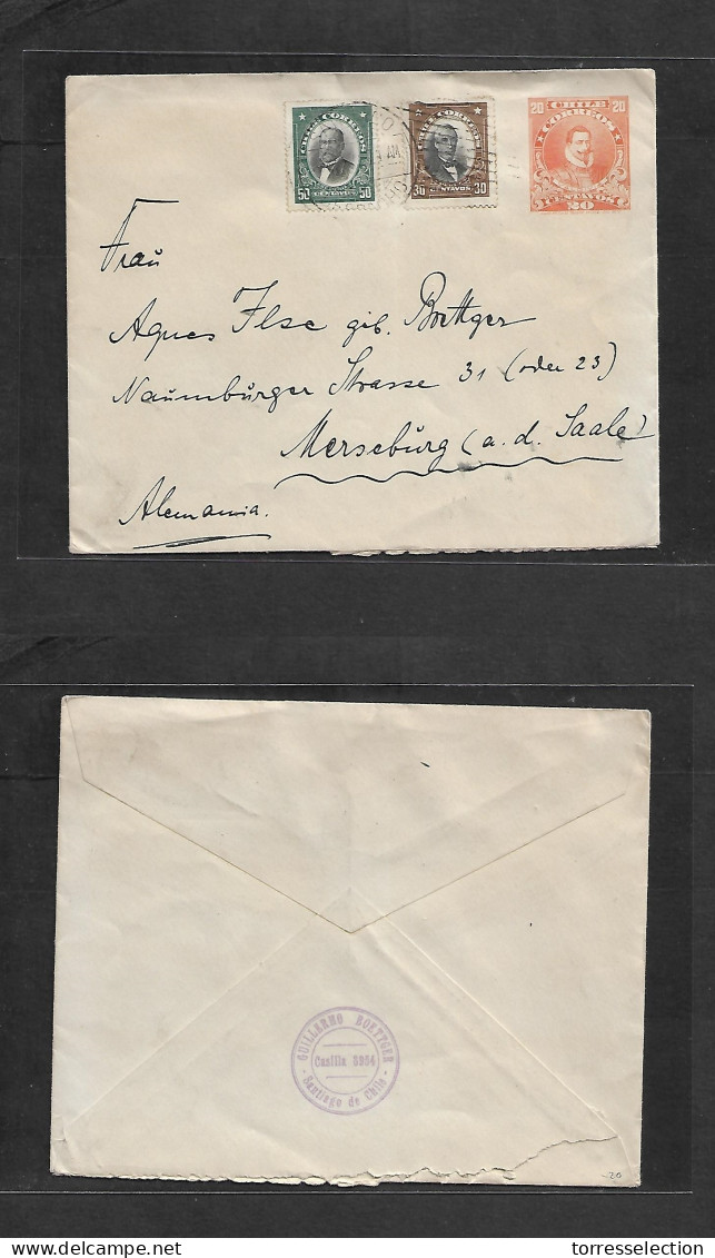 CHILE - Stationery. C. 1908. Santiago - Germany, Merseburg 20c Orange Stat Env + 2 Adtls. Fine. - Chile