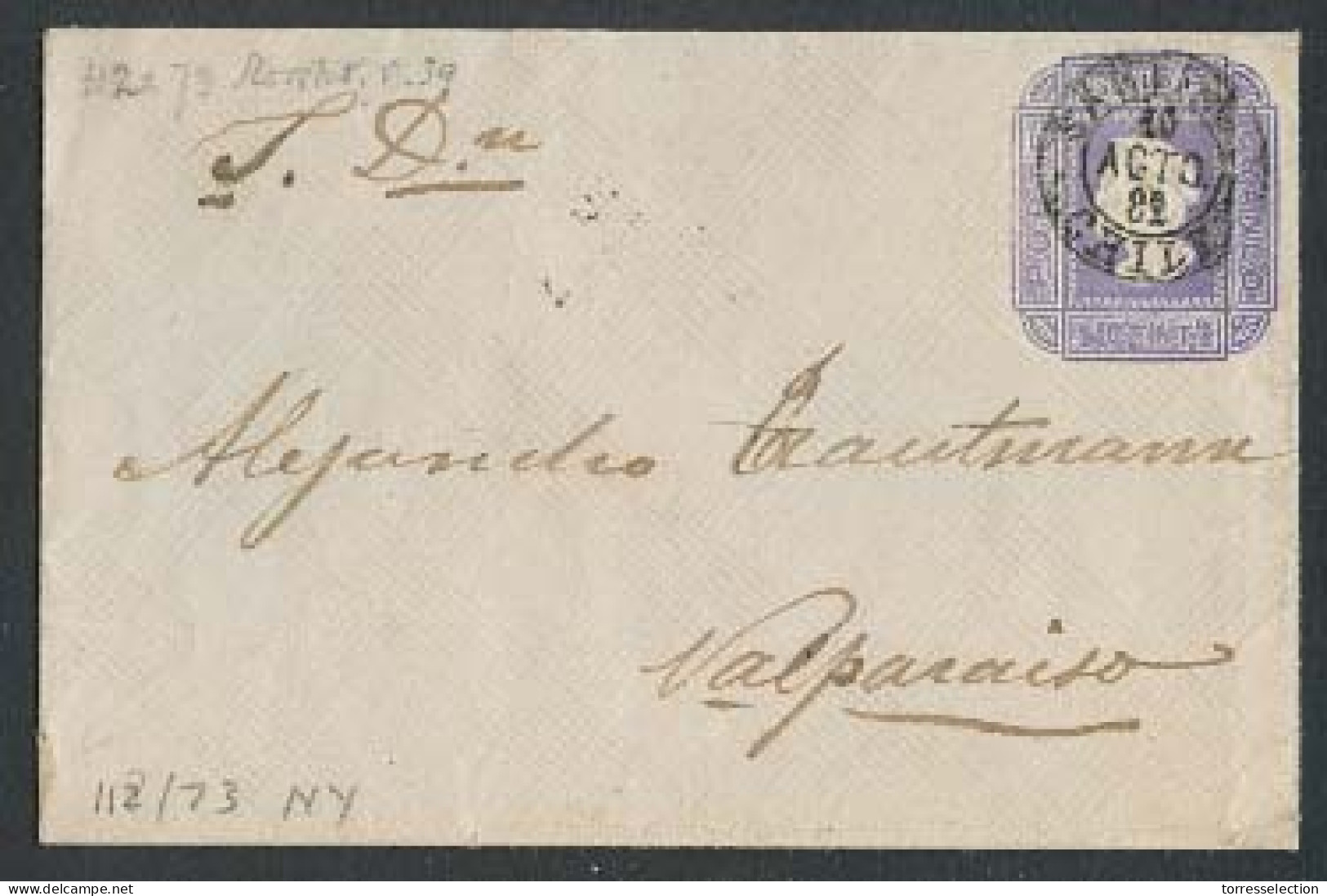 CHILE - Stationery. 1882 (10 Ago). Santiago - Valp. 5c Lilac Stat Env, Quad, 112 X 73, NY I. VF. - Chile