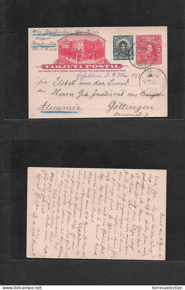 CHILE - Stationery. 1921 (4 April) Corral - Germany, Gottingen 2c Red Stat Card, Adtl. Via Los Andes - Buenos Aires. Vap - Chile