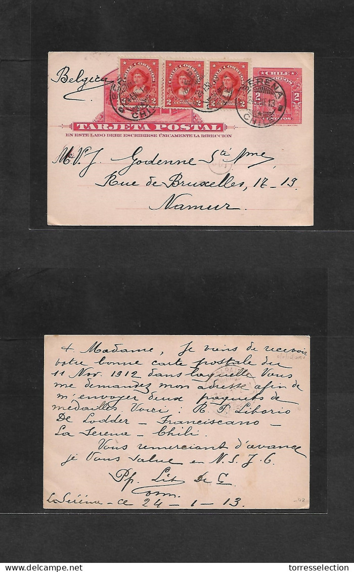 CHILE - Stationery. 1913 (24 Enero) Serena - Belgium, Nanur. 2c Red Illustrated Stat Card + 3 Adtls, Tied Cds. VF Used. - Chile