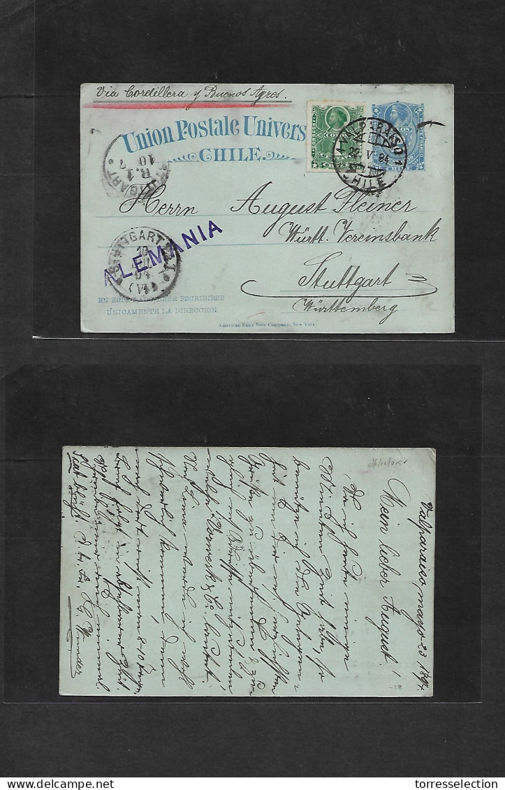 CHILE - Stationery. 1894 (23 Mayo) Valp - Stuttgart, Germany (10 July) 2c Blue Stat Card + 1c Green Adtl, Cds. Via Cordi - Chile