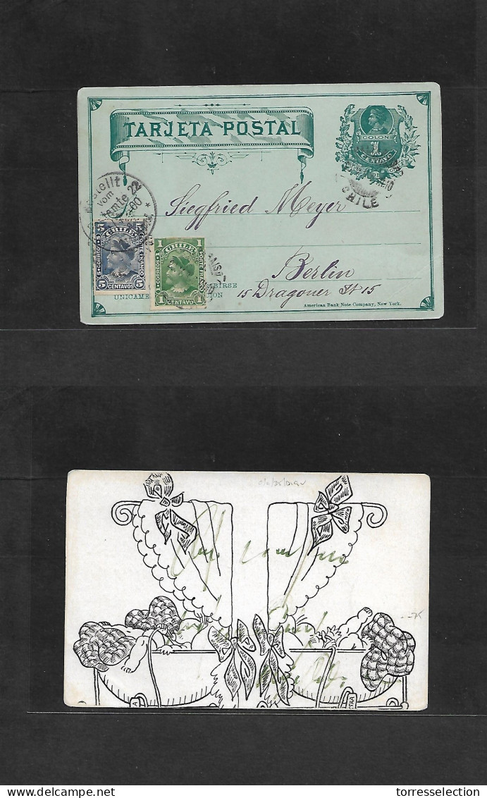 CHILE - Stationery. 1900 (20 May) Valp - Germany, Berlin (23 July) 1c Green Local Stat Card + 2 Adtls Large Colon Issue, - Chile