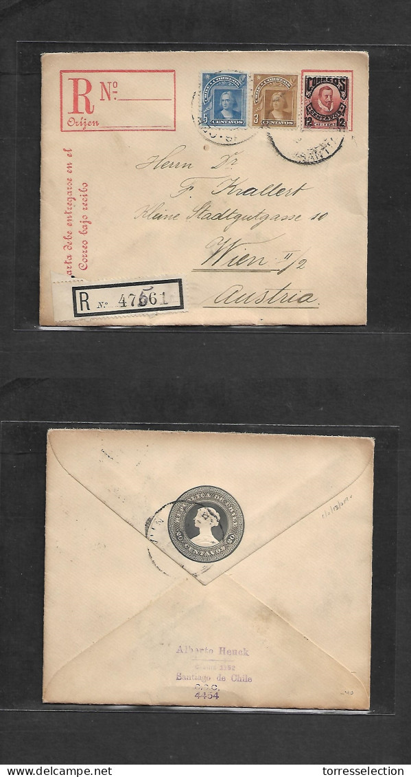 CHILE - Stationery. C. 1910. Santiago - Austria, Wien. Registered 20c Lilac Stat Env + 3 Adtls Incl Valdivia 12c Red Ovp - Chile