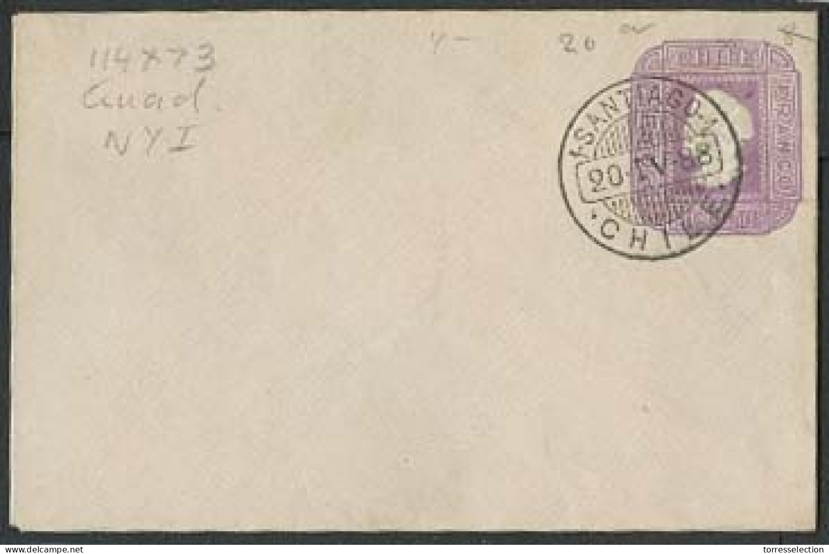 CHILE - Stationery. 1888 (20 April). Santiago Precancel / Sample. 5c Soft Lilac, 114 X 73, Quadrille Paper, NY I, 20a (b - Chile