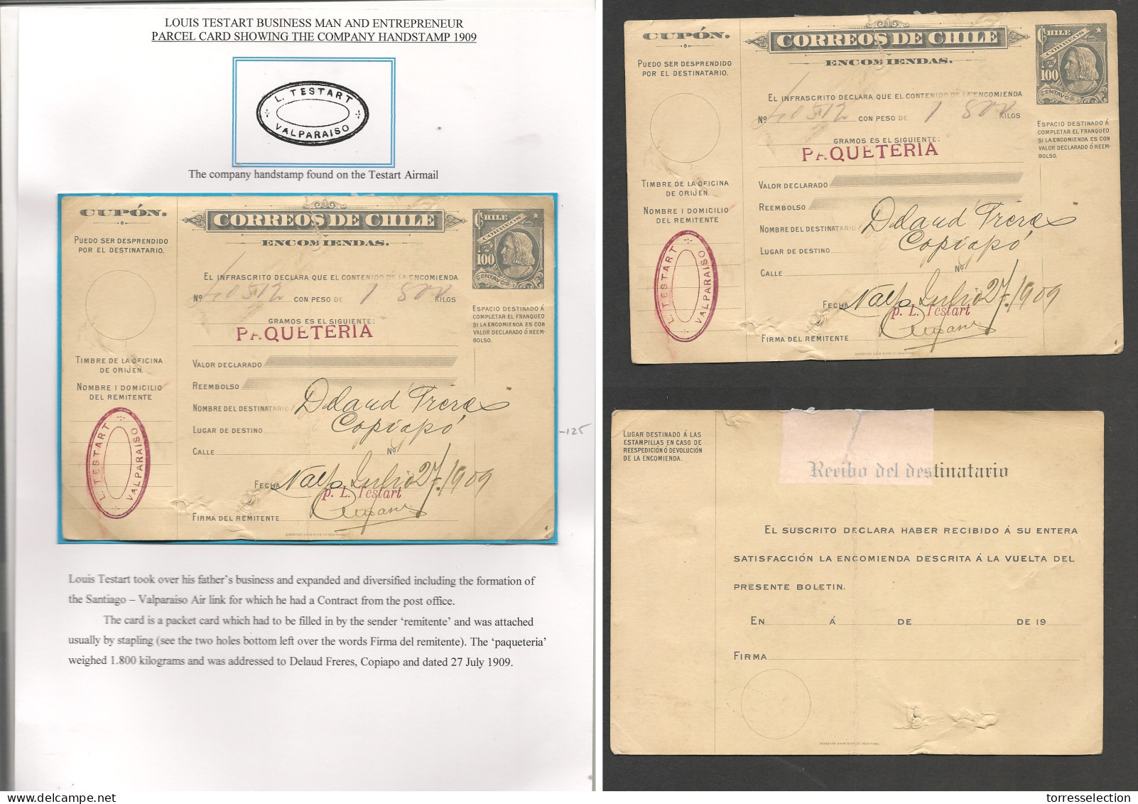 CHILE - Stationery. 1909 (27 July) Valp - Copiapo. Encomendas 100 Cts. L. Telstart. Airmails. Very Rare. - Chile