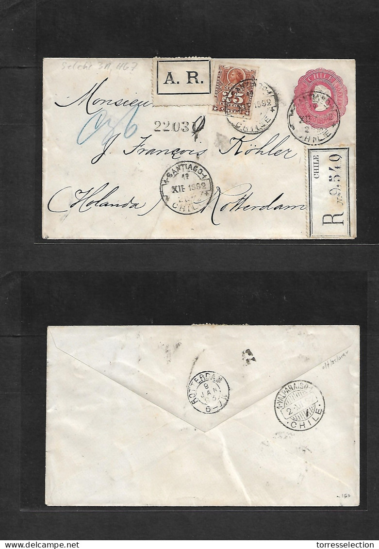 CHILE - Stationery. 1892 (19 Dec) Santiago - Netherlands, Rotherdam (4 Jan 93) Registered AR 15c Rose + 25c Perce Adtll, - Chile