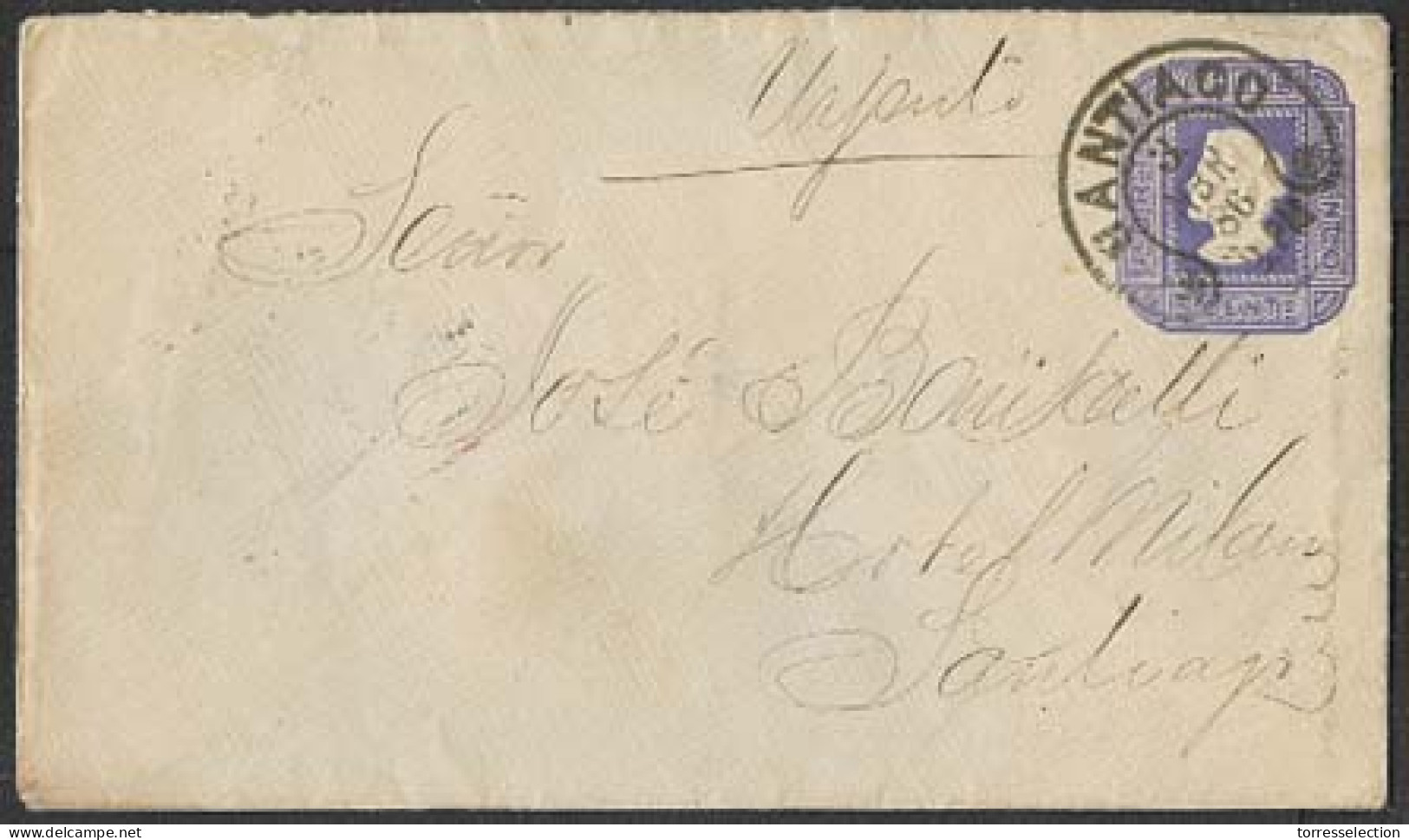 CHILE - Stationery. 1886 (3 April). Santiago Local Urgente Usage. 5c Lilac Stat Env Type 2 NY I, Quadrille Paper / 138 X - Chile