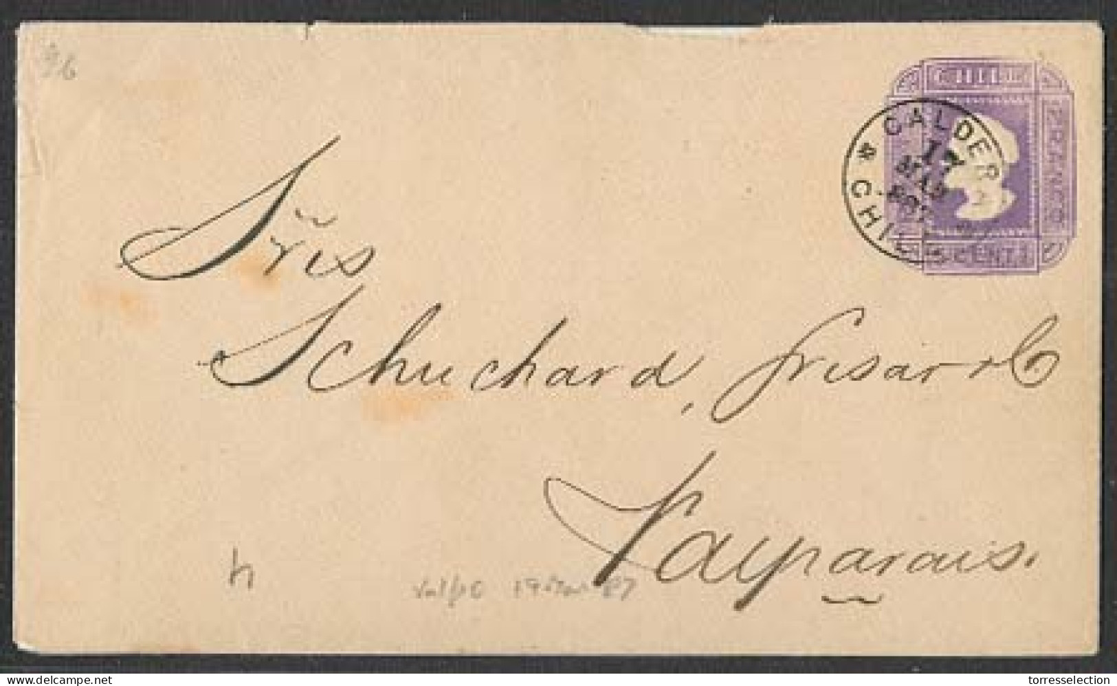 CHILE - Stationery. 1887 (17 Marzo). Caldera - Valp. 5c Lilac Stat Env / Quadille Paper / 138 X 80 / NY I (h) / Type 2. - Chile