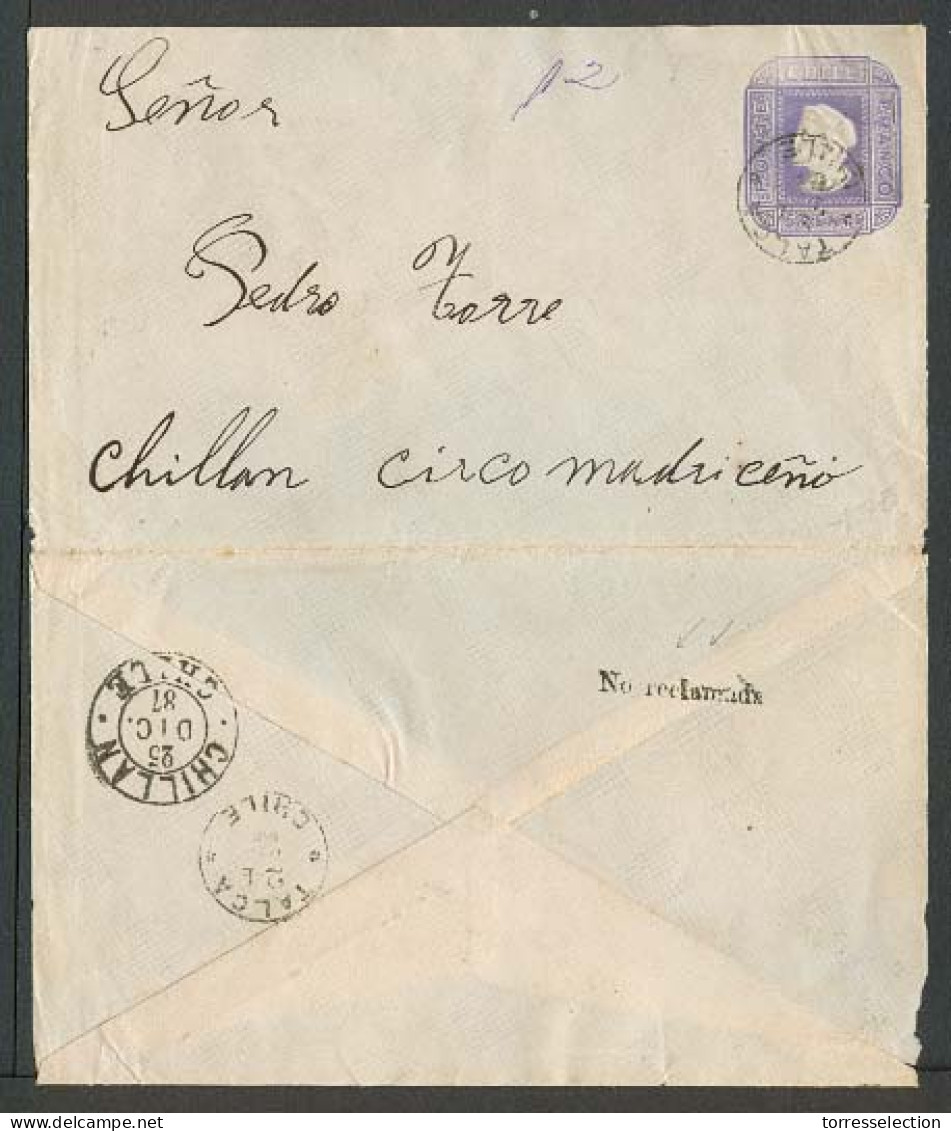 CHILE - Stationery. 1887 (24 Dic). Talca - Chillan. 5c Lilac Stat Env Quadulle Paper 138x81mm Type 4a V Scarce + "no Rec - Chile