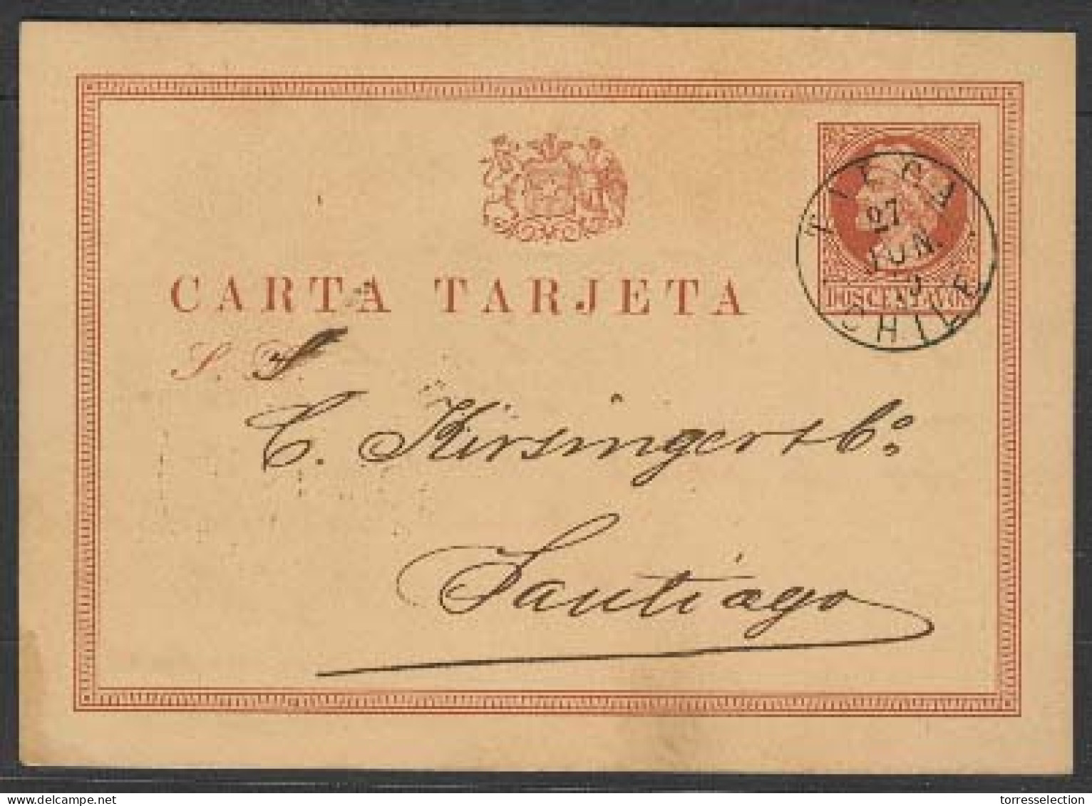 CHILE - Stationery. 1879 (26 June). Talca - Santiago. 2c Stat Card / Cds + Shoehorse Arrival Cds Type Cancel. XF. - Chile