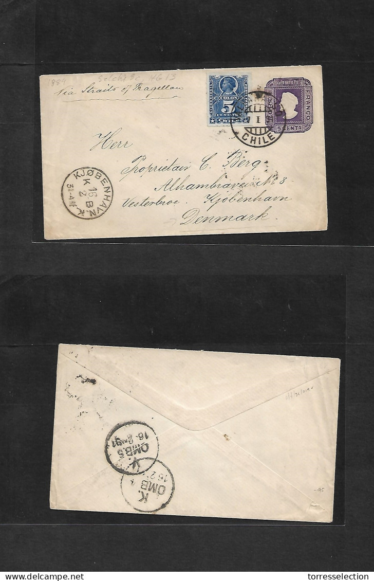 CHILE - Stationery. 1891 (27 Jan) Valp - Denmark, Copenhagen (16 Febr) 5c Intense Lilac Stat Env + 5 Blue Adtl Lines At  - Chile