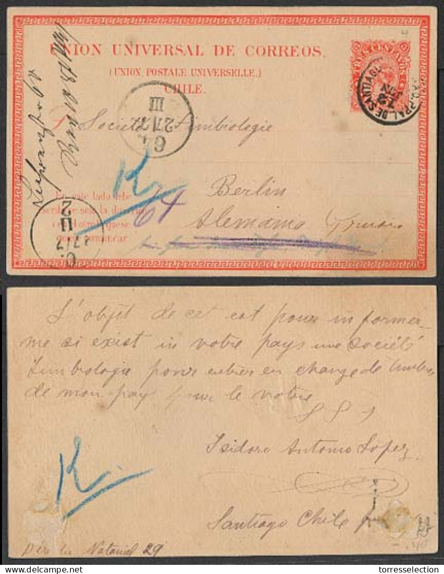 CHILE - Stationery. C.1881. Santiago - Germany. 5c Red Stat Card + Arrival / Cds. V Rare Early Proper Usage. Fine. - Chile