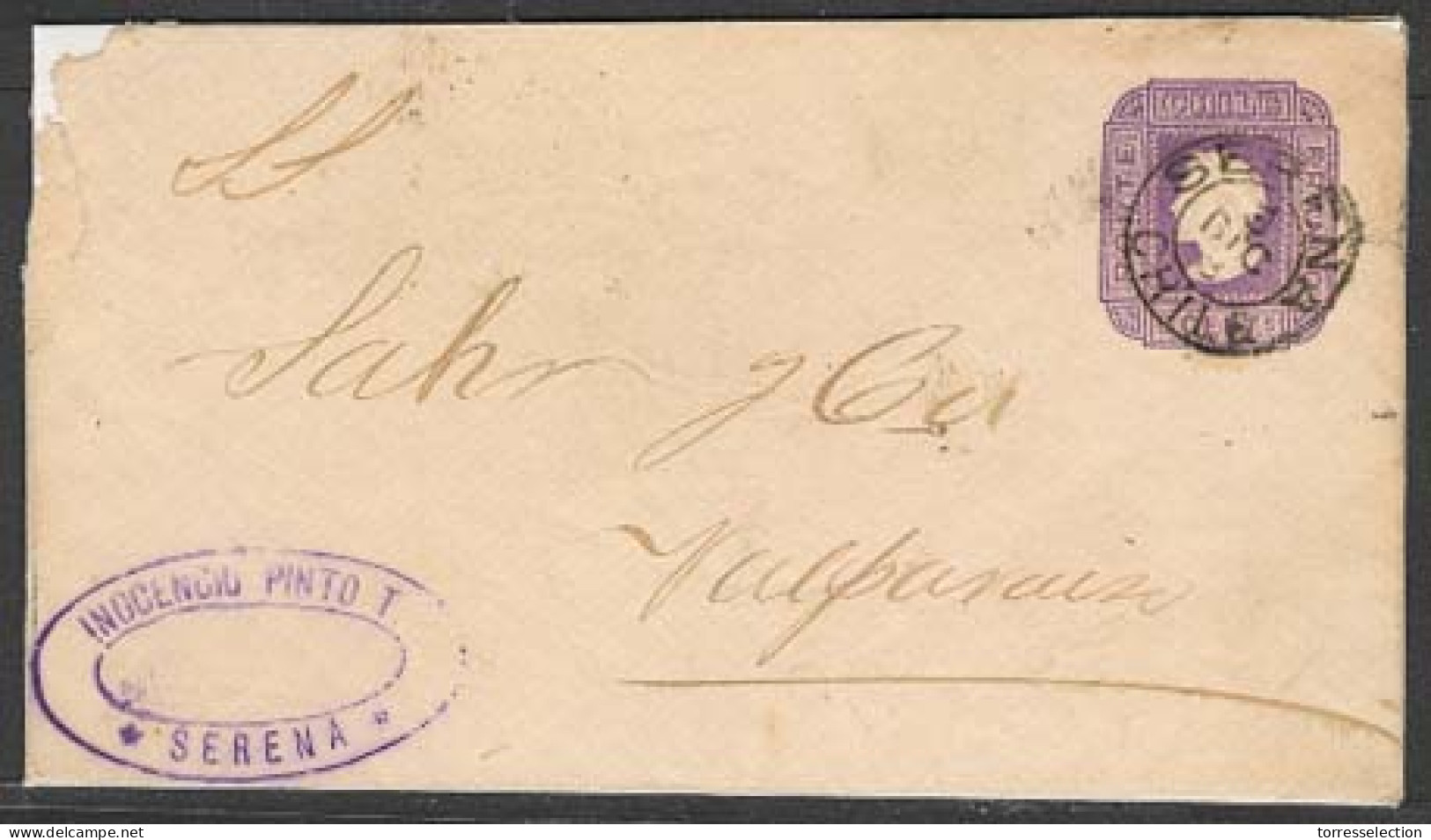 CHILE - Stationery. 1888. Serena - Valp. 5c Violet / Cds / 81 X 139 Mm 45 Degrees Lines Wmk. Arrival Cds. - Chile