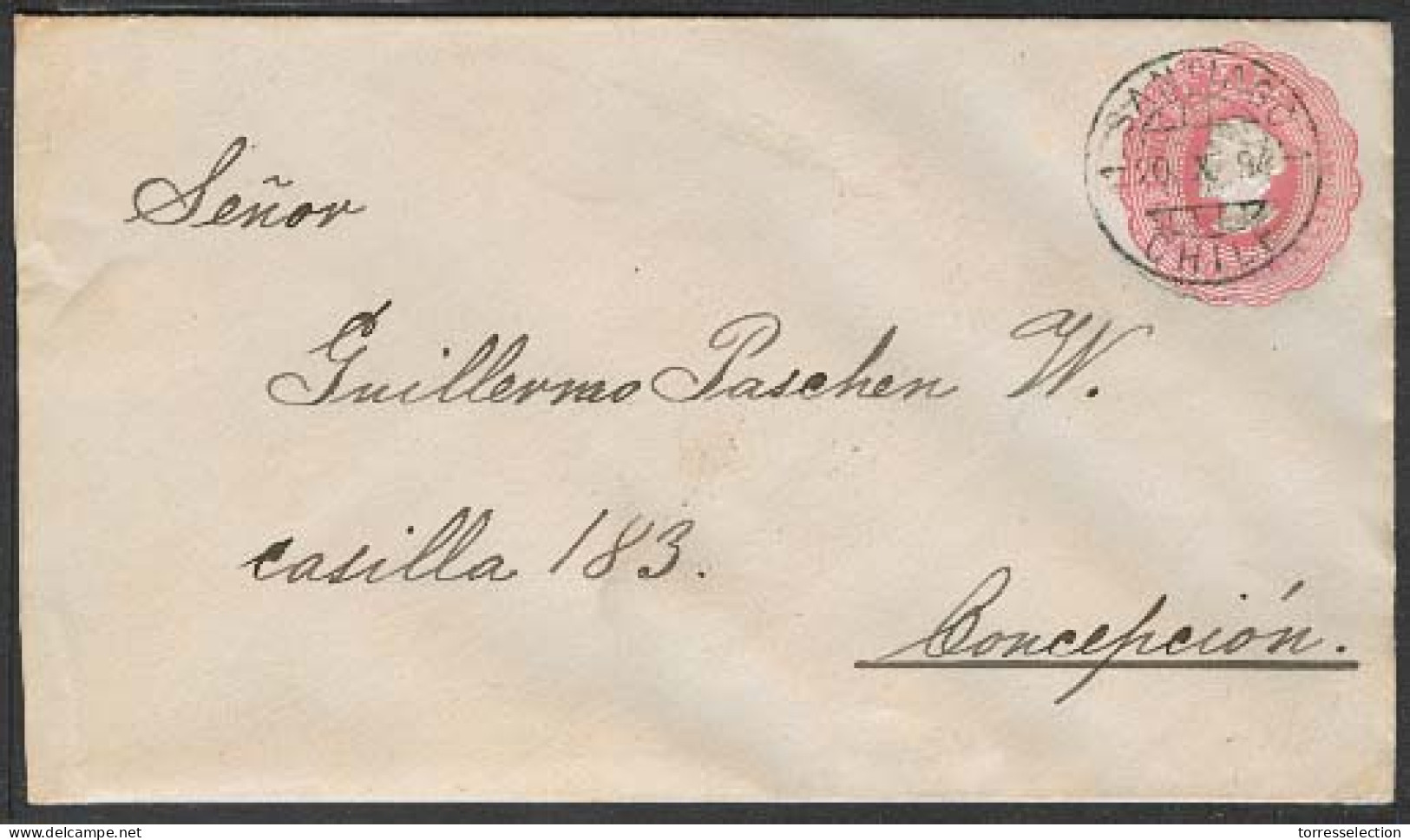 CHILE - Stationery. 1894 (20 Oct). Santiago - Concepcion. 15c Rose Stat Env Wmk 140 Degrees Lines. VF + Rate. - Chile