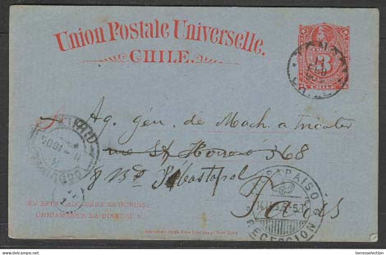 CHILE - Stationery. 1905 (9 Feb). Ovalle - Tongo - France. 3c Red / Blue Stat Card. Fine. - Chile