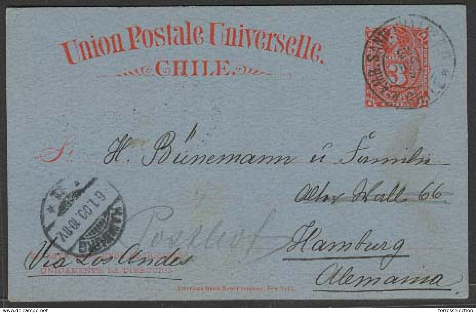 CHILE - Stationery. 1899. San Antonio - Germany. 3c Red / Blue Stat Card Ambulante S. Antonio Valp (xx/R). VF + Scarce O - Chile