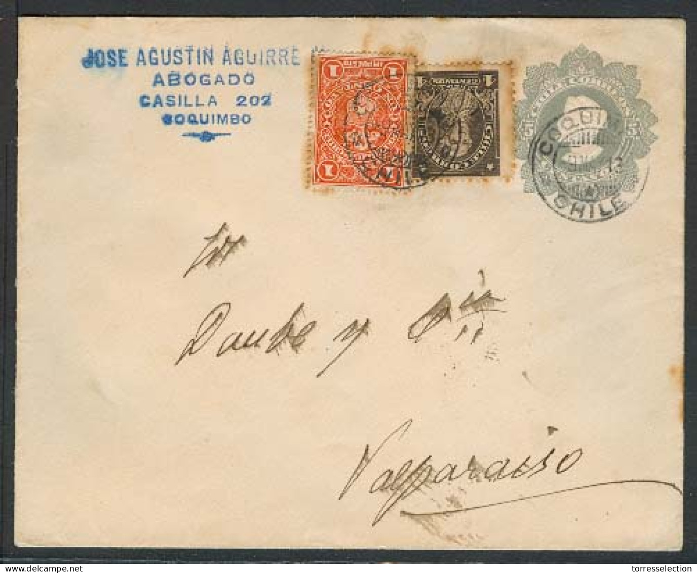 CHILE - Stationery. 1913 (11 May). Coquimbo - Valp. 5c Stat Env + 2 Adtls Incl 1c Impuesto Tied Cds / Provisional Period - Chile