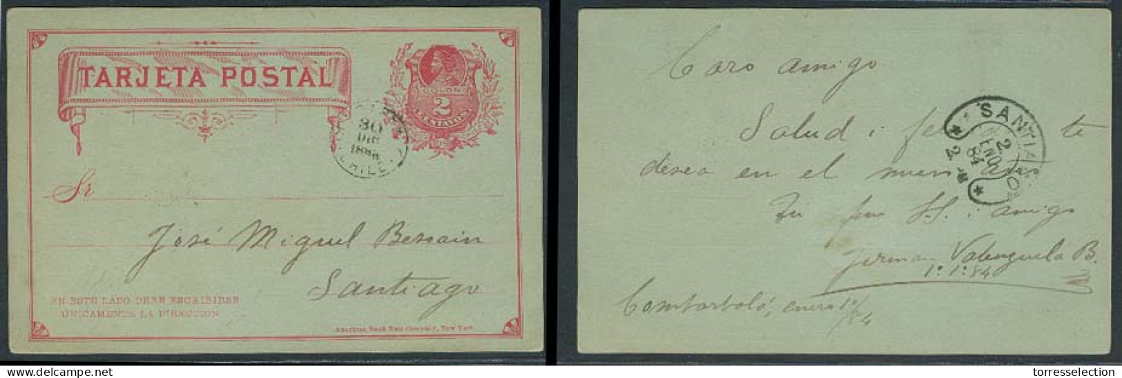 CHILE - Stationery. 1884 (1 Ene). Combarbala - Santiago. Scarce Town Usage. - Chile