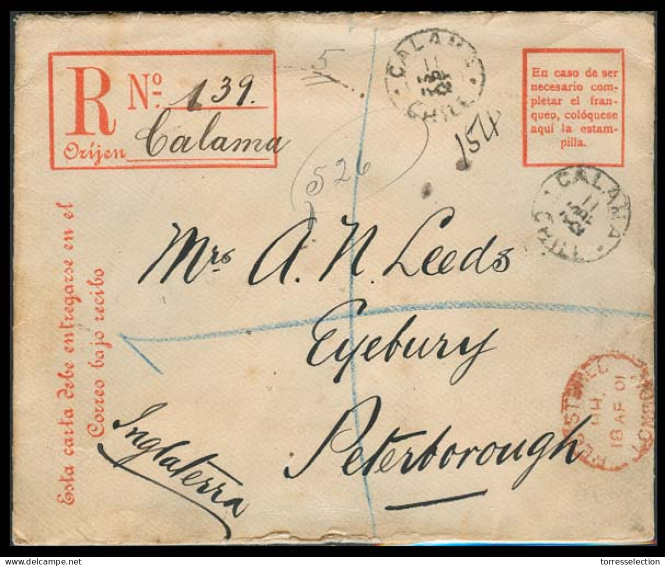 CHILE - Stationery. 1901. Calama - UK. Reg Stat Env. Town Usage. - Chile