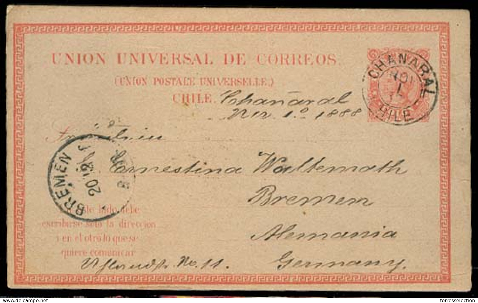 CHILE - Stationery. 1888. Chanaral  - Germany. Scarce Early 5c Red Stat Card / Overseas Used. VF + Small Town. - Chile