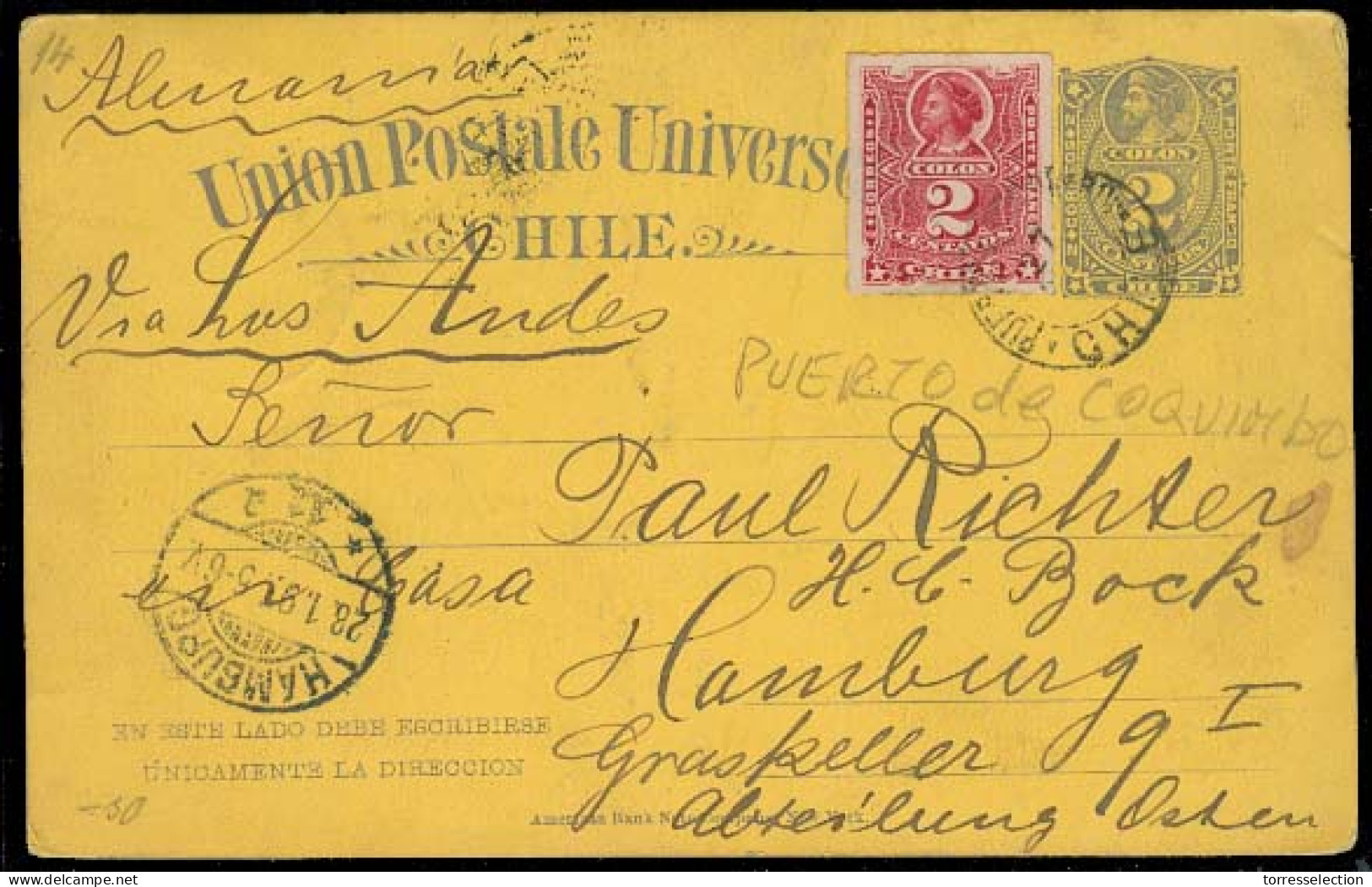 CHILE - Stationery. 1896. Puerto Coquimbo - Germany. 2c Stat Card + Adtls. VF. - Chile