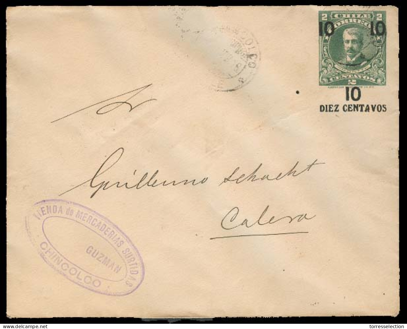 CHILE - Stationery. 1916. Chicolco - Calera. 10c / 2c Ovptd Stat Env. Via Cabildo. Fine. - Chile