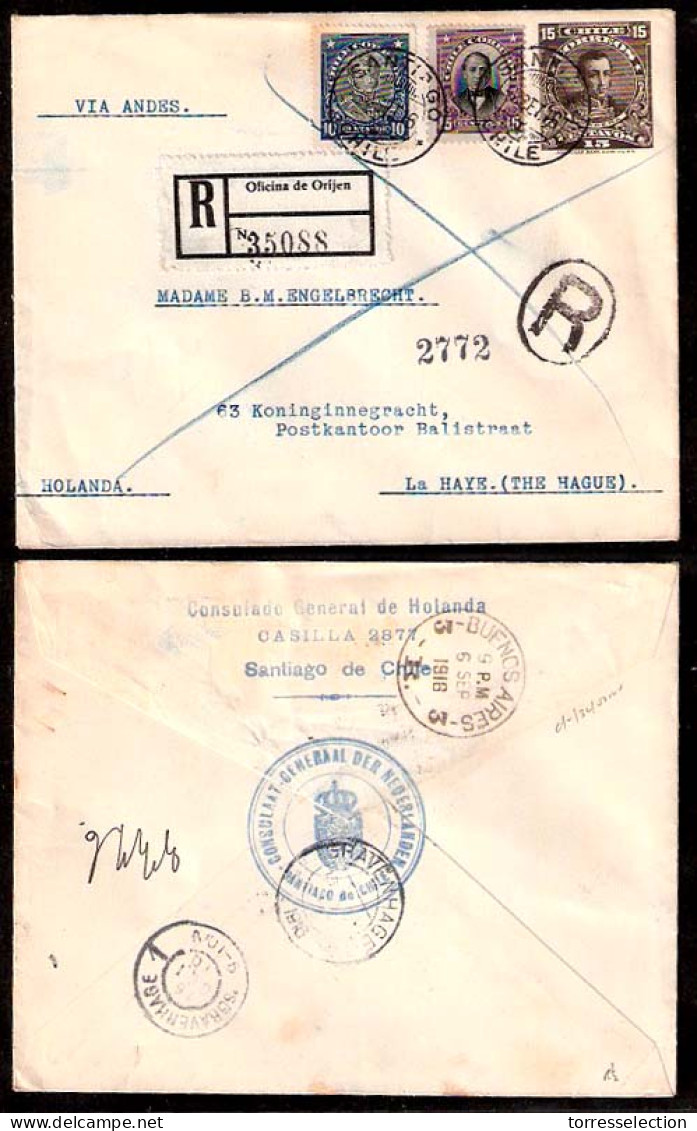 CHILE - Stationery. 1916. Santiago The NETHERLANDS. Registered 15c Stat Env + 2 Adtls. Consular Cachet. - Chile