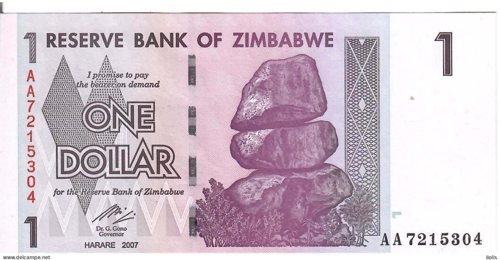 Zimbabwe P-65  1 Dollar  2007 UNC - Zimbabwe