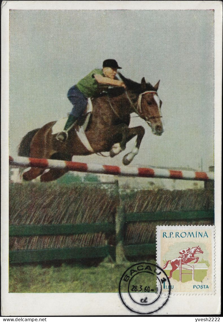 Roumanie 1959 Y&T 1647 Sur Carte Maximum Sur Carte Soviétique. Cheval Qui Saute Un Obstacle - Horses