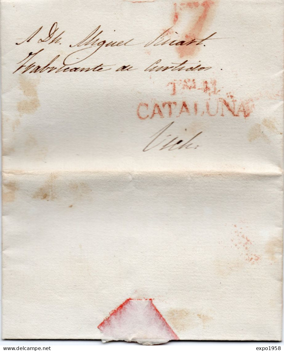 Prefilatelia Carta De Tortosa  A Vich  ( Cataluña)  1835 / Marca T.SA 91 Cataluña / Tarifa 7. - ...-1850 Vorphilatelie