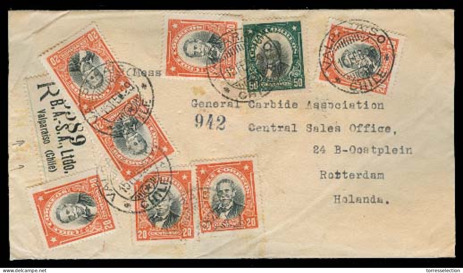 Chile - XX. 1929 (15 Feb). Valp - Netherlands. Reg Multifkd Env 20c X7 + 50c + Special R-label BA - SA (xxx/RRR). Superb - Cile