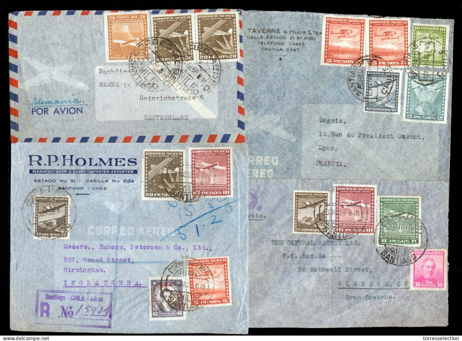 Chile - XX. 1936-58. Airmail Multifkd Env To Europe. Four Items Reg VF Group. - Cile