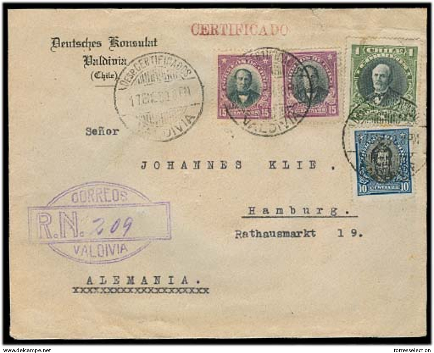 Chile - XX. 1930. Valdivia - Germany. Reg Multifkd German Consular Ilustrated Env + Special Wax Seal Reverse + Special V - Cile
