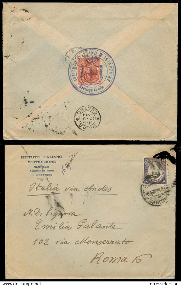 Chile - XX. 1924. Santiago - Italy. Fkd Env + Tied Label Italy Institute - Chile / Tied Special Cachet. XF. - Cile