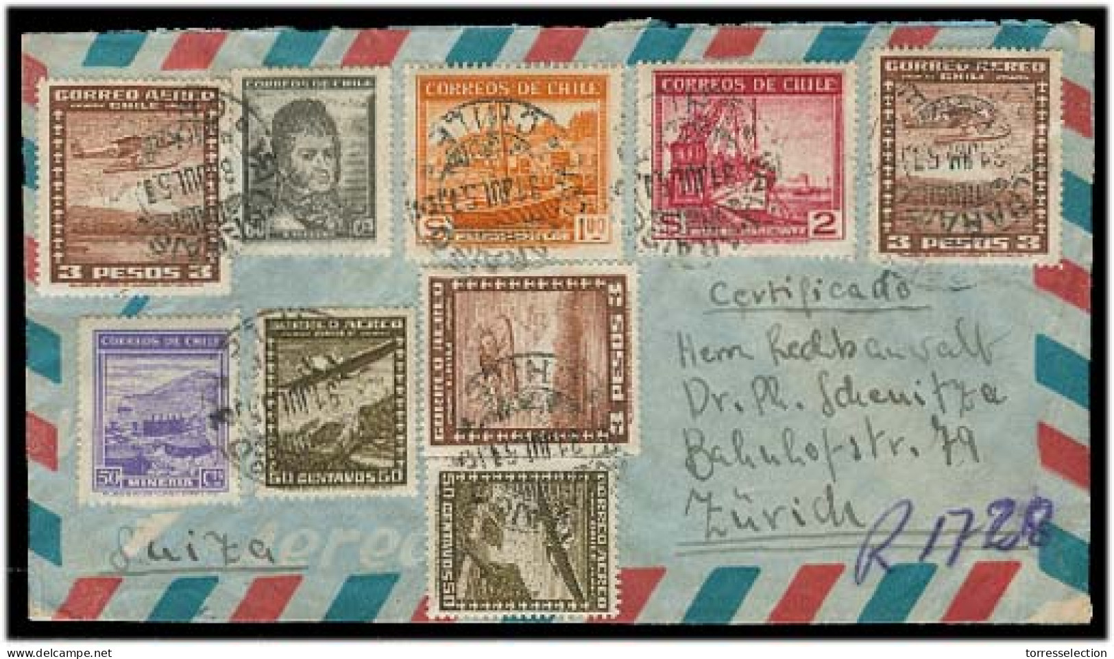 Chile - XX. 1950. Valp - Switzerland. Air Reg Multifkd Env. VF. - Cile