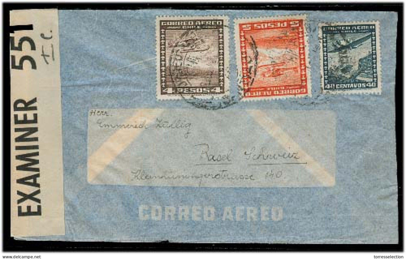 Chile - XX. 1943. Santiago - Switzerland. Air Fkd Env 2 Diff Caribbean Censoship Labels Incl Bermuda / IC. - Cile