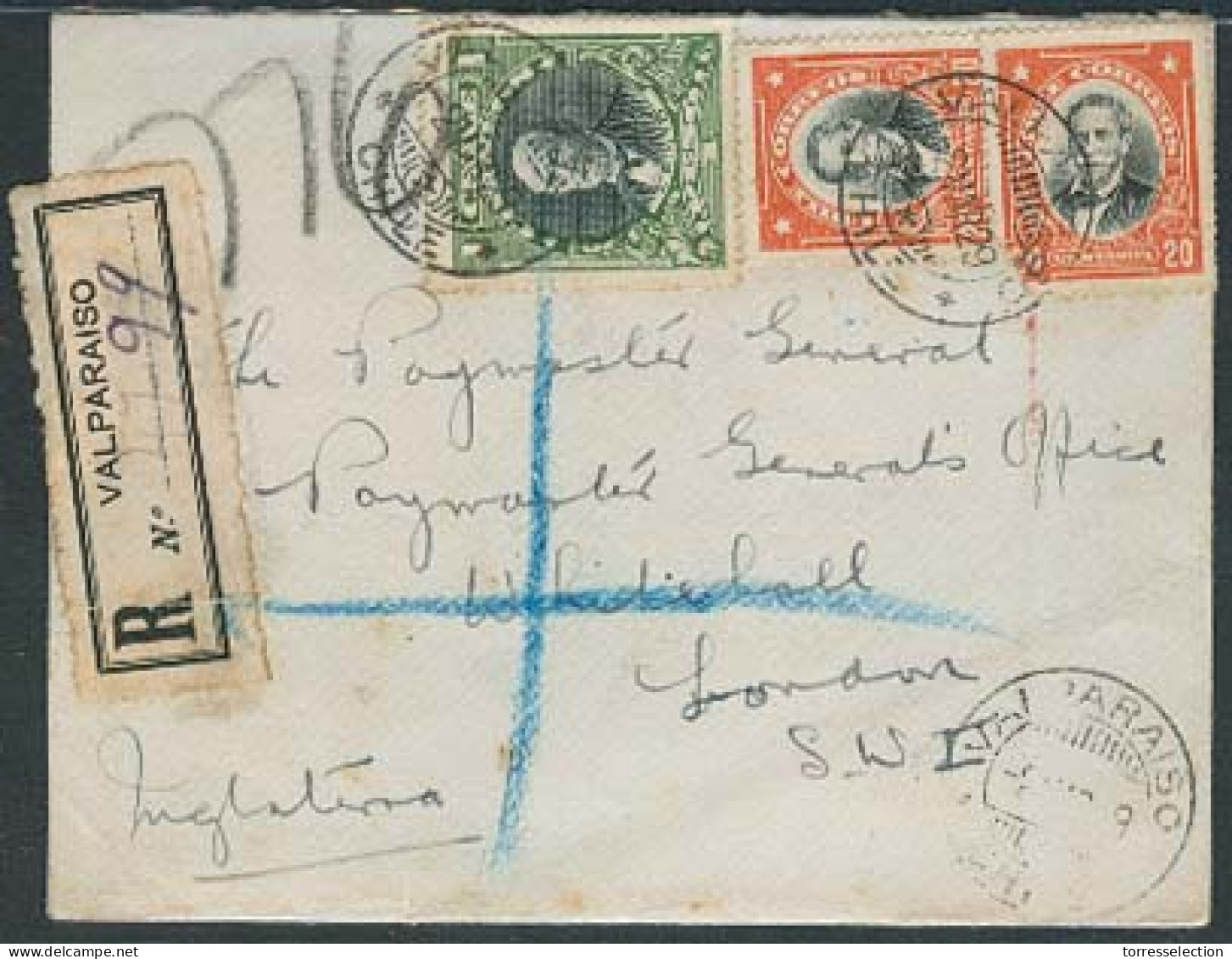 Chile - XX. 1929. Valp - UK. Reg Fkd Env / R-label / 1 Peso 40c / Fine. - Cile