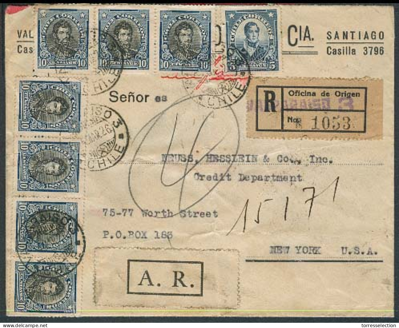 Chile - XX. 1926. Valp - USA. Reg AR Multifkd Env / 2 Diff Labels. VF + Scarce. Transits + Arrival Reverse. - Cile