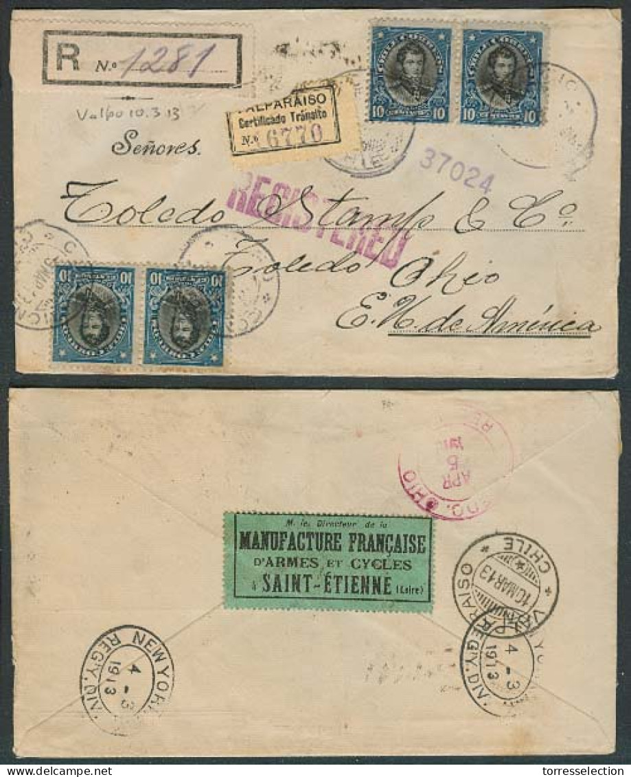 Chile - XX. 1913. Valp - USA. Reg Multifkd / 3 Tied Labels / Incl Mns / See! / Irregular Form Cachet With Lower Border.  - Cile