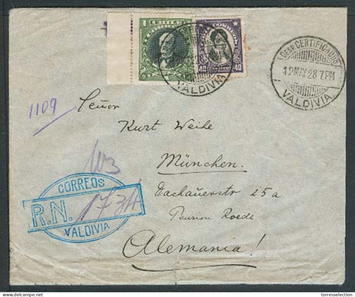 Chile - XX. 1928. Valdivia - Germany. Reg Fkd Env 1 Peso 40c Env + Special Blue Green Reg Cachet. VF Item. - Cile