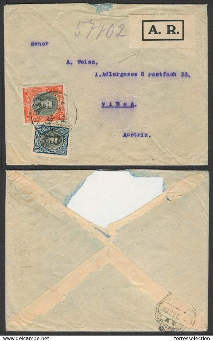 Chile - XX. 1925. Santiago - Austria. Reg AR Fkd Env. Via Lisbon + Label / 2 Pesos 10c Rate. - Cile