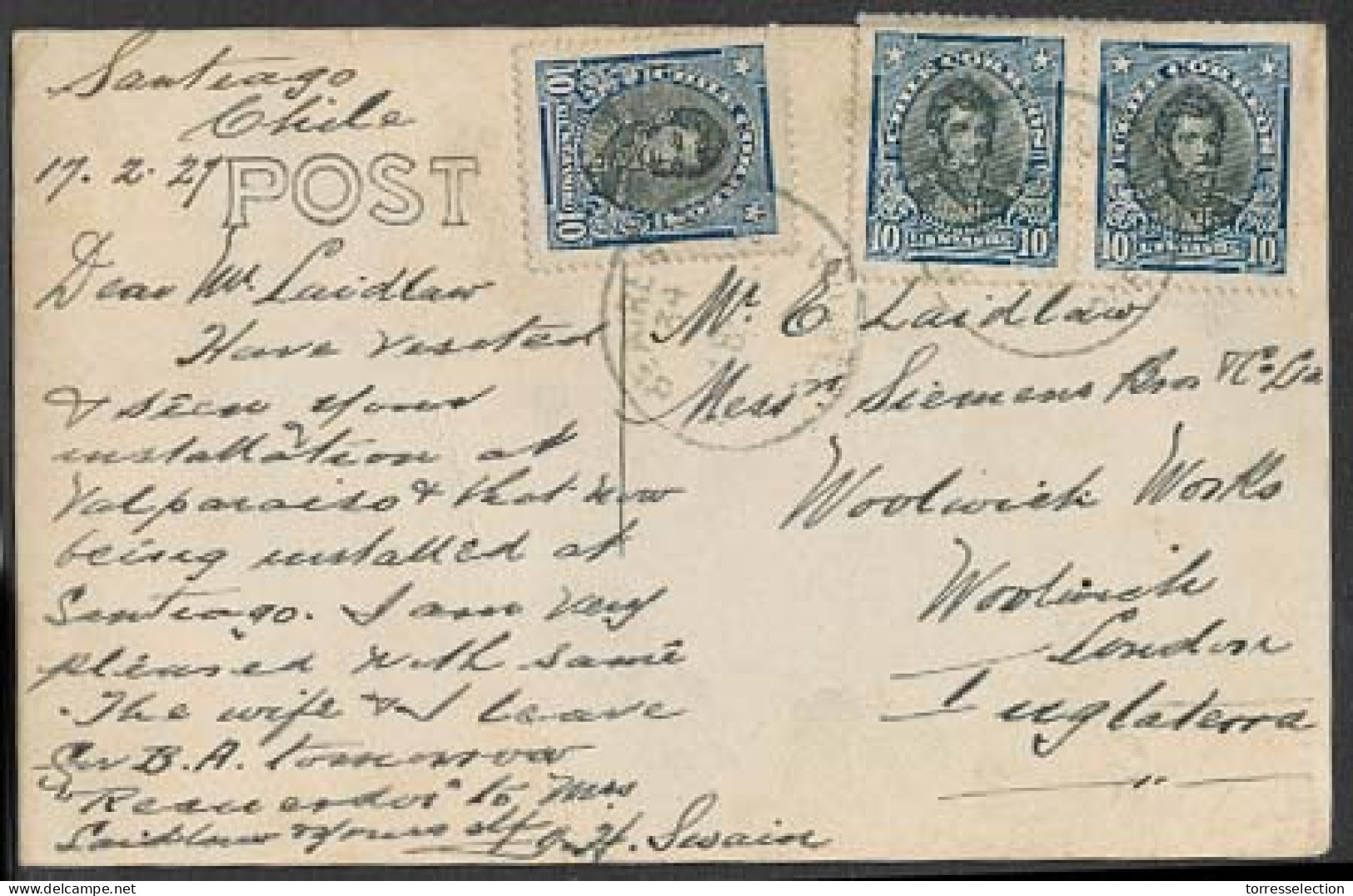 Chile - XX. 1927 (17 Feb). Santiago - Argentina - UK. Fkd PPC Cancelled On Transit A Buenos Aires. VF. - Cile