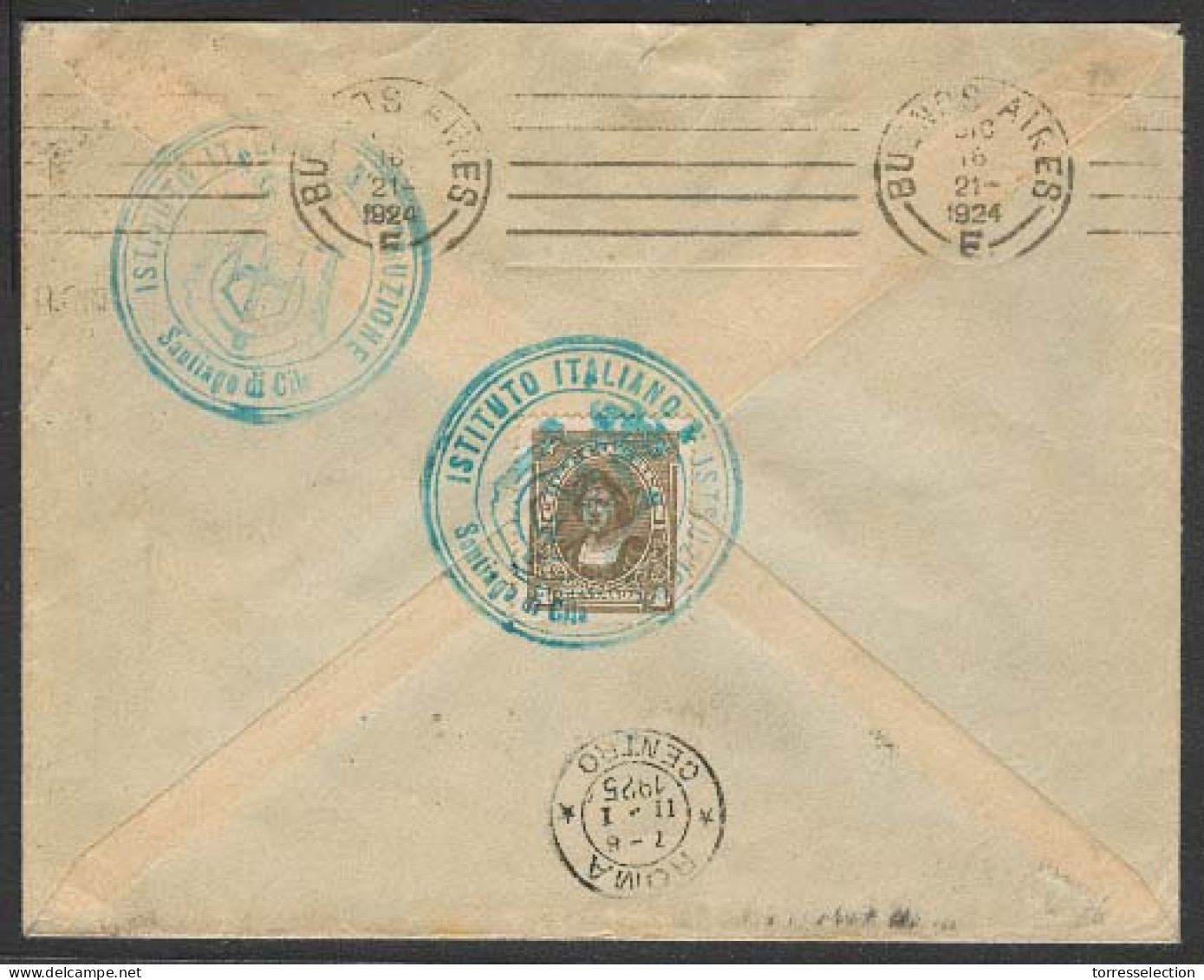 Chile - XX. 1925 (6 Dic). Santiago - Italy. Fkd Env + Instituto Italiano Instructione + Reverse Green Cachet. 44c Rate C - Cile