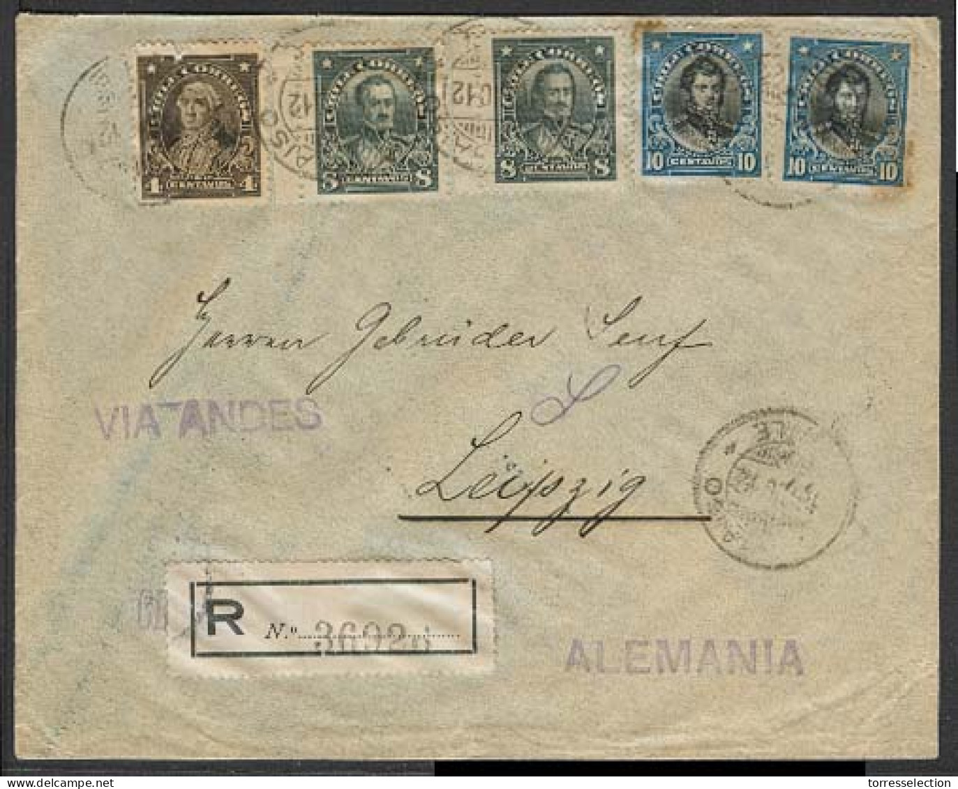 Chile - XX. 1912 (Dic). Valp - Germany / Leipzig. Multifkd Reg Env 40c Rate. Fine R-label. - Cile